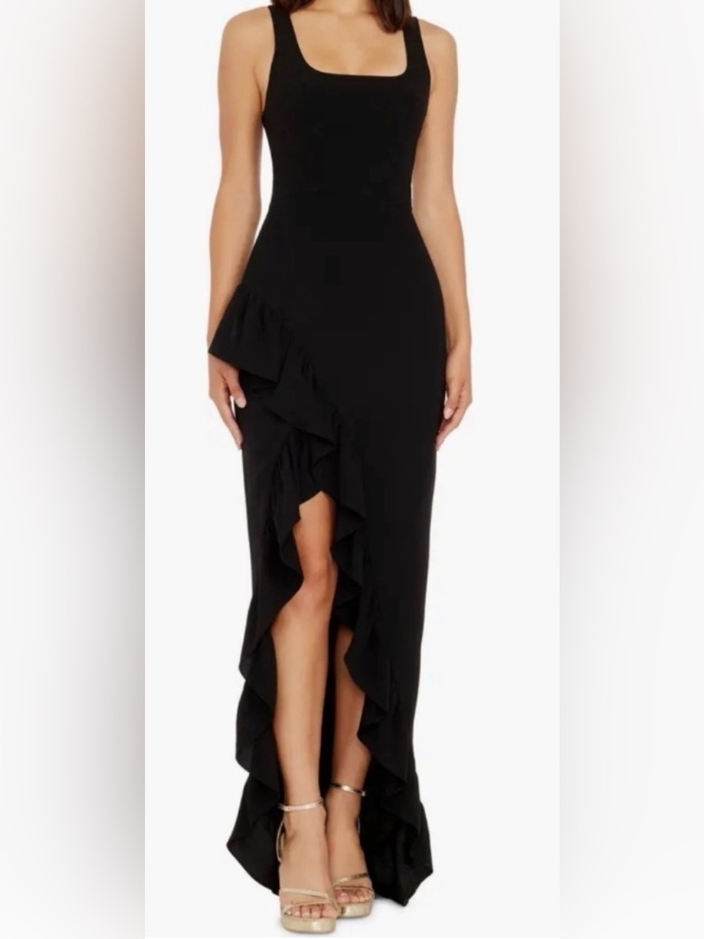 anthropologie dress the population charlene square neck ruffle side-slit gown xs